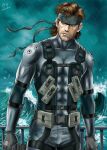  1boy autumn-sacura bandana headband male_focus metal_gear_(series) metal_gear_solid_2:_sons_of_liberty military ocean outdoors rain serious short_hair sneaking_suit solid_snake solo storm water weapon 