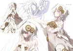  1girl closed_eyes dress e.g.o_(project_moon) faust_(project_moon) gears half-closed_eyes hands_on_own_chest holding holding_weapon kbtur limbus_company outstretched_arms project_moon veil weapon white_dress white_hair 
