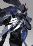  1boy arknights ascot belt cape chain gloves hat high_collar highres ierotak long_sleeves male_focus mask mouth_mask red_eyes solo strap ulpianus_(arknights) walking white_hair 