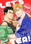  2boys :q ao_isami bara black_hair black_tank_top blonde_hair bubble_tea_challenge carnon12 couple cup disposable_cup drinking_straw facial_hair from_side lewis_smith looking_at_viewer male_focus multiple_boys object_on_pectorals official_alternate_costume pectorals sideburns_stubble stubble tank_top thick_eyebrows toned toned_male tongue tongue_out yaoi yuuki_bakuhatsu_bang_bravern 