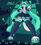  anthro blue_body blue_eyes blush bottomwear canid canine clothed clothing concert digital_media_(artwork) electronics extreme_size_difference felid female fur group hair hatsune_miku hi_res legwear macro mammal micro microphone nagifur open_mouth simple_background size_difference skirt solo stage text vocaloid 