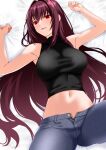  1girl bare_shoulders blush breasts denim engo_(aquawatery) fate/grand_order fate_(series) highres jeans large_breasts long_hair looking_at_viewer lying midriff navel on_back open_mouth pants purple_hair red_eyes scathach_(fate) sleeveless sleeveless_turtleneck smile solo thighs turtleneck 