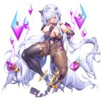  1girl absurdly_long_hair bodysuit breasts breasts_out butterfly_hair_ornament cameltoe crystal finger_to_mouth hair_ornament long_hair looking_at_viewer nanase_mai nipples official_art open_mouth potion_(moudamepo) pussy_juice shushing smile solo spread_legs stomach_tattoo tail taimanin_(series) taimanin_rpgx tattoo very_long_hair white_background white_hair yellow_eyes 