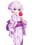  1girl blush candy_apple commission eclatatant fireworks_print flower food hair_flower hair_ornament holding holding_food japanese_clothes kimono long_sleeves looking_at_viewer mamyouda obi open_mouth print_kimono purple_hair purple_kimono sash shirin_nonoa simple_background skeb_commission solo white_background wide_sleeves yukata 