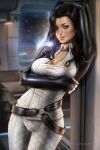  1girl ayya_sap belt black_hair blue_eyes blurry blurry_background bodysuit breast_hold breasts choker cleavage doorway large_breasts leaning_to_the_side lens_flare lips long_hair looking_at_viewer loose_belt mass_effect_(series) mass_effect_2 miranda_lawson nose o-ring_belt paid_reward_available pinup_(style) planet science_fiction skin_tight solo spacecraft_interior white_bodysuit 