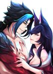  1boy 1girl ahri_(league_of_legends) animal_ears armor bare_shoulders black_hair blue_hair breasts cleavage closed_mouth collarbone colored_skin eye_contact facial_mark fox_ears fox_girl highres kayn_(league_of_legends) large_breasts league_of_legends long_hair looking_at_another multicolored_hair myra_(floralmyra) red_skin shoulder_armor simple_background smile two-tone_hair whisker_markings white_background 