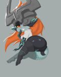 absurd_res armor big_butt black_body blue_markings blue_pussy bottomless breasts butt clothed clothing eyelashes female genitals grey_background grey_body grey_clothing grey_legwear grey_stockings hair headgear helmet hi_res humanoid humanoid_pointy_ears imp legwear long_hair looking_at_viewer markings midna nintendo one_eye_obstructed orange_hair pussy red_eyes short_stack simple_background smile solo stockings the_heking_(artist) the_legend_of_zelda thick_thighs topwear twili twilight_princess white_clothing white_topwear wide_hips yellow_sclera