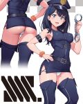  1girl :d alternate_costume armband ass belt black_dress black_footwear black_hair blue_eyes blush boots breasts commentary_request cuffs dress gridman_universe hand_on_own_hip handcuffs hat highres holding holding_handcuffs long_hair looking_at_viewer medium_breasts multiple_views nanikairu open_mouth panties partial_commentary police police_hat police_uniform policewoman revision scrunchie simple_background smile ssss.gridman standing takarada_rikka thigh_boots underwear uniform white_background white_panties wrist_scrunchie 