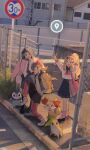  3girls :d :q arms_up bag black_hair blonde_hair blush_stickers brown_hair cardigan chikorita collared_shirt commentary dawn_(pokemon) day double_v duffel_bag fence fennekin hair_ornament hairclip happy high_school_girls_posing_for_google_street_view_(meme) highres jacket long_hair lyra_(pokemon) meme memoji_7672 multiple_girls open_clothes open_jacket open_mouth outdoors pants pink_bag pink_cardigan piplup pleated_skirt pokemon pokemon_(creature) pokemon_dppt pokemon_hgss pokemon_xy posing school_uniform serafuku serena_(pokemon) shirt shoes sign skirt smile socks standing sunglasses symbol-only_commentary tongue tongue_out twintails v vest white_shirt 
