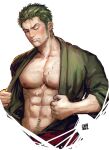  1boy abs artist_name bara earrings green_hair green_kimono greenteaa highres japanese_clothes jewelry kimono large_pectorals looking_at_viewer male_focus muscular muscular_male navel navel_hair nipples one_eye_closed one_piece open_clothes open_kimono pectorals roronoa_zoro scar scar_across_eye scar_on_chest scar_on_face short_hair sideburns solo sweat upper_body 