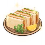  artist_request bread commentary english_commentary flower food food_focus fruit game_cg genshin_impact leaf lemon lemon_slice lettuce lowres meat no_humans official_art parsley plate raw_fish sandwich sliced_meat still_life third-party_source tonkatsu transparent_background 