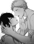  absurdres black_hair countdown couple eye_contact given grey_hair greyscale hair_between_eyes hand_on_another&#039;s_head highres kaji_akihiko looking_at_another male_focus monochrome murata_ugetsu nude pinoli_(pinoli66) saliva_swap simple_background sweatdrop tongue tongue_out upper_body white_background yaoi 