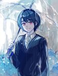  1boy black_hair blue_theme collared_shirt commentary_request hara_hikaru holding holding_umbrella jack_jeanne long_sleeves looking_at_viewer male_focus rain red_eyes shirt short_hair sidelighting sketch smile solo sweater thick_eyebrows transparent transparent_umbrella umbrella upper_body white_shirt yonaga_soushirou 