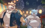 2022 anthro asian_clothing belly big_belly blue_body blue_eyes blush bulge canid canine canis clothing detailed_background domestic_dog duo east_asian_clothing eyewear festival fireworks food fundoshi glasses hand_holding hi_res humanoid_hands japanese_clothing jinbei_(clothing) kemono male male/male mammal morian_xs navel night outside overweight overweight_male underwear ursid white_body white_clothing white_fundoshi white_underwear 