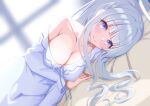  1girl bare_shoulders bed_sheet blue_archive blurry blurry_background breasts cleavage closed_mouth collarbone commentary_request depth_of_field dress dutch_angle grey_hair halo iseshi large_breasts long_hair lying noa_(blue_archive) off_shoulder on_side ponytail purple_eyes smile solo white_dress window 