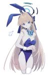  1girl absurdres animal_ears bare_shoulders blonde_hair blue_archive blue_bow blue_bowtie blue_eyes blue_halo blue_leotard bow bowtie breasts cropped_legs detached_collar expressionless fake_animal_ears groin hair_bow halo highleg highleg_leotard highres leotard long_hair looking_at_viewer microbe_volvox official_alternate_costume playboy_bunny rabbit_ears simple_background small_breasts solo strapless strapless_leotard thighhighs toki_(blue_archive) toki_(bunny)_(blue_archive) traditional_bowtie very_long_hair white_background white_thighhighs wrist_cuffs 