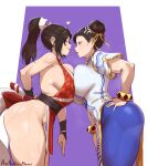  2girls absurdres aestheticc-meme anger_vein breast_contest breast_press breasts chun-li crossover fatal_fury highres large_breasts long_hair multiple_girls rivalry rivals shiranui_mai smile street_fighter street_fighter_6 sweat symmetrical_docking the_king_of_fighters thick_thighs thighs 