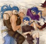  4boys absurdres archer_(fate) clone_harem cu_chulainn_(caster)_(fate) cu_chulainn_(fate) cu_chulainn_alter_(fate) cuddling detached_sleeves fate/grand_order fate_(series) from_above hair_down highres hug hug_from_behind large_pectorals lying male_focus male_harem multiple_boys muscular muscular_male on_stomach pectorals profile setanta_(fate) sleeping spread_legs surisudou thick_eyebrows topless_male yaoi 