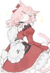  1girl absurdres animal_ears apron bangs cat_ears cat_girl cat_tail chyoel dress eyebrows_visible_through_hair final_fantasy final_fantasy_xiv head_tilt heart_apron highres juliet_sleeves long_sleeves looking_to_the_side miqo&#039;te parted_lips pink_eyes pocket_watch puffy_sleeves red_dress solo tail watch white_apron 