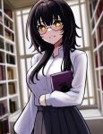  1girl absurdres black_hair blurry blurry_background book breasts bright_pupils glasses highres holding holding_book hololive hololive_english jerrytz large_breasts library light_persona pleated_skirt shiori_novella shirt skirt smile virtual_youtuber white_pupils white_shirt yellow_eyes 