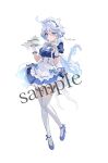  1girl alternate_costume animal_ear_fluff animal_ears apron bell blue_dress blue_eyes blue_footwear blue_gloves blue_hair bow cat_ears cat_girl cat_tail closed_mouth dress enmaided frilled_apron frilled_dress frills furina_(genshin_impact) genshin_impact gloves grey_hair hair_between_eyes hair_intakes half_gloves high_heels highres jingle_bell kemonomimi_mode maid maid_headdress multicolored_hair neck_bell omelet_tomato puffy_short_sleeves puffy_sleeves sample_watermark shoes short_sleeves signature simple_background solo streaked_hair striped_bow tail thighhighs watermark white_apron white_background white_gloves white_thighhighs wrist_cuffs 