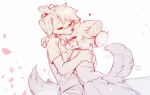  2023 anthro blush canid canine cherry_blossom clothed clothing digital_media_(artwork) duo eyes_closed floppy_ears flower fully_clothed fur heart_symbol hi_res hug mammal open_mouth open_smile plant prunus_(flower) simple_background smile swaybat tail tail_motion tailwag white_background 