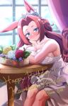  1girl alternate_costume animal_ears bare_shoulders blue_eyes blush bow braid breasts brown_hair cleavage closed_mouth commentary_request covered_collarbone crown_braid curtains dahlia day dress ear_bow ear_ornament flower forehead happy_birthday highres horse_ears horse_girl horse_tail indoors kawakami_princess_(umamusume) large_breasts long_hair looking_at_viewer parted_bangs see-through see-through_cleavage sidelocks signature sitting sleeveless sleeveless_dress smile solo table tail takotoma22 tiara umamusume wedding_dress white_dress window 