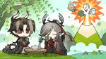  1boy 1girl amiya_(arknights) animal_ears arknights black_hair brown_hair chong_yue_(arknights) cup desk dragon_boat_festival dragon_bubble_(arknights) drinking dusk_(arknights) earrings food hair_ornament highres holding holding_cup horns jewelry ling_(arknights) long_hair nian_(arknights) official_art pointy_ears qiubai_(arknights) red_eyes tail teacup teapot tree volcano willow wormwood_(plant) zongzi 