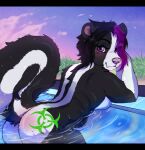  anthro bedroom_eyes belsnep biohazard_tattoo breasts butt female fluffy fluffy_tail mammal mephitid narrowed_eyes nude pinup pool pose purple_eyes raised_tail seducing_viewer seductive skunk sky solo tail 