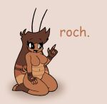  2_toes antennae_(anatomy) anthro arthropod belly black_eyes black_outline blattodea breasts brown_body brown_clothing brown_fingerless_gloves brown_footwear brown_gloves brown_hair brown_handwear brown_socks brown_tongue clothing cockroach comic_sans digital_media_(artwork) english_text engrish eye_through_hair eyebrow_through_hair eyebrows eyelashes featureless_crotch feet female fingerless_gloves flat_colors footwear full-length_portrait gesture gloves hair hand_gesture hand_on_leg hand_on_thigh handwear hi_res imbynova insect kneeling looking_at_viewer mostly_nude non-mammal_breasts open_mouth open_smile outline pointing pointing_up portrait rachie_(imbynova) seiza shadow simple_background sitting slightly_chubby smile socks solo text thick_thighs three-quarter_view toeless_footwear toeless_socks toes tongue translucent translucent_hair white_background wide_hips 