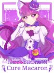  1girl animal_ears breasts cat_ears character_name choker collarbone cure_macaron dated dress earrings elbow_gloves extra_ears food-themed_hair_ornament gloves hair_ornament happy_birthday heart_pouch jewelry kirakira_precure_a_la_mode kotozume_yukari long_hair looking_at_viewer macaron_hair_ornament magical_girl pom_pom_(clothes) pom_pom_earrings precure purple_choker purple_eyes purple_hair purple_tail ribbon_choker small_breasts smile solo tanshi_tanshi twitter_username upper_body very_long_hair white_gloves 
