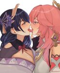  2girls absurdres animal_ears arnkun black_hair blush breast_press breasts bridal_gauntlets cleavage commentary fox_ears french_kiss genshin_impact hand_on_another&#039;s_face highres japanese_clothes kimono kiss large_breasts long_hair mole mole_under_eye multiple_girls noses_touching pink_hair purple_eyes purple_kimono purple_nails raiden_shogun simple_background symmetrical_docking tongue tongue_out upper_body white_background yae_miko yuri 