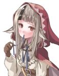  1girl animal_ears black_hair blue_ribbon breasts brown_corset brown_gloves cape corset fire_emblem fire_emblem_fates fuussu_(21-kazin) gloves grey_hair hand_up hood hood_up hooded_cape light_blush long_hair long_sleeves looking_at_viewer medium_breasts mouth_hold multicolored_hair neck_ribbon orange_eyes ribbon simple_background solo streaked_hair two-tone_hair undone_neck_ribbon upper_body velouria_(fire_emblem) white_background wolf_ears wolf_girl 