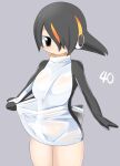  1girl bird_tail black_eyes black_hair black_one-piece_swimsuit blush breasts closed_mouth clothes_pull commentary_request cowboy_shot emperor_penguin_(kemono_friends) expressionless grey_background hair_between_eyes hair_over_one_eye headphones highres kemono_friends large_breasts lets0020 long_bangs looking_at_viewer multicolored_hair numbered one-piece_swimsuit one-piece_swimsuit_pull orange_hair short_hair simple_background solo streaked_hair swimsuit tail two-tone_one-piece_swimsuit wet wet_clothes wet_swimsuit white_one-piece_swimsuit 
