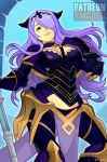  1girl absurdres armor artist_name black_armor black_panties breasts camilla_(fire_emblem) cleavage cowboy_shot fire_emblem fire_emblem_fates gauntlets gloves groin hair_ornament hair_over_one_eye highres holding holding_weapon large_breasts long_hair looking_at_viewer panties purple_eyes purple_hair smgold smile solo tiara underwear very_long_hair wavy_hair weapon 