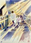  2girls absurdres dated day didi_daisukedoi highres mother_and_daughter multiple_girls original painting_(medium) railing road shadow stairs street sunlight traditional_media watercolor_(medium) 