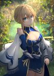  1girl ahoge armor artoria_pendragon_(fate) artoria_pendragon_(lancer)_(fate) bangs blonde_hair blue_eyes braid breasts cleavage cloak closed_mouth dress eyebrows_visible_through_hair fate/grand_order fate_(series) forest french_braid hair_between_eyes highres kaze_minoru_so-ru large_breasts leaf long_sleeves looking_at_viewer medium_hair nature sidelocks solo sunlight tree 