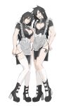  1boy 1girl absurdres belt_buckle black_eyes black_footwear black_hair boots bow breasts buckle cleavage_cutout clothing_cutout dress dual_persona frilled_dress frills genderswap genderswap_(mtf) hair_between_eyes heart_cutout high_heel_boots high_heels highres kneehighs large_breasts long_hair maid naruto naruto_(series) naruto_shippuuden open_mouth parted_lips pelvic_curtain short_sleeves simple_background socks spiked_hair thighhighs uchiha_madara uri_ryou white_background white_bow white_socks white_thighhighs 