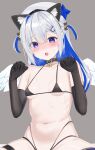  1girl absurdres amane_kanata amane_kanata_(work) angel_wings animal_ears bare_shoulders beret bikini black_bikini black_collar black_gloves blue_hair blush breasts cat_ears collar colored_inner_hair commentary_request elbow_gloves feathered_wings gloves grey_hair hair_ornament hairclip halterneck hat highres hololive long_hair looking_at_viewer mini_wings multi-strapped_bikini_bottom multicolored_hair navel open_mouth paw_pose pink_hair purple_eyes simple_background single_hair_intake small_breasts solo stomach streaked_hair swimsuit thigh_strap tojo_aoi two_side_up virtual_youtuber white_hat wings 