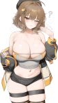  1girl absurdres anis_(nikke) black_shorts blush breasts brown_eyes brown_hair cleavage fanning_face fanning_self goddess_of_victory:_nikke highres jacket large_breasts medium_hair mochirong navel one_eye_closed shorts simple_background skindentation solo sweat thigh_strap white_background yellow_jacket 