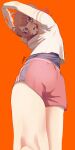  1girl :o absurdres ahoge arms_up ass bare_legs blush breasts brown_hair commentary from_below gakuen_idolmaster hair_bun hanami_ume highres idolmaster kneepits looking_at_viewer looking_back medium_breasts nnktiyk orange_background red_shorts shirt short_shorts short_sleeves shorts signature simple_background single_side_bun solo stretching white_shirt 