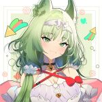  1girl :3 animal_ears arknights bare_shoulders blush border bow breasts chinese_commentary cleavage cleavage_cutout closed_mouth clothing_cutout collarbone commentary_request green_eyes green_hair grey_shirt harmonie_(arknights) head_tilt heart highres large_breasts long_hair looking_at_viewer outside_border shirt solo tianzekongming upper_body watermark weibo_logo weibo_watermark white_border white_bow 