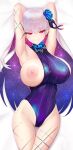  1girl armpits arms_behind_head arms_up bare_shoulders blue_hair blue_one-piece_swimsuit blush breast_slip breasts earrings fate/grand_order fate_(series) flower hair_flower hair_ornament hair_ribbon highleg highleg_swimsuit highres jewelry kama_(fate) kama_(swimsuit_avenger)_(fate) kama_(swimsuit_avenger)_(third_ascension)_(fate) kunabishi large_areolae large_breasts long_hair looking_at_viewer lotus multicolored_hair nipples one-piece_swimsuit one_breast_out red_eyes ribbon smile solo star_(symbol) star_earrings swimsuit thighs two-tone_hair white_hair 