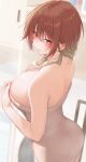  1girl :o aketa_mikoto ass bare_shoulders blush breasts brown_hair commentary_request gradient_hair highres huge_breasts idolmaster idolmaster_shiny_colors indoors kirou_(kiruyuu1210) light_brown_hair long_hair looking_at_viewer looking_to_the_side multicolored_hair naked_towel partial_commentary solo towel 