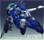  aoki_ryuusei_spt_layzner clenched_hand flying from_side glowing glowing_eyes green_eyes gun holding holding_gun holding_weapon layzner matayoshi_(nopple_1000) mecha no_humans science_fiction solo weapon 