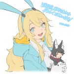  1boy 1girl angry animal_ear_fluff animal_ears aqua_hairband aqua_jacket black_gloves black_hair blue_eyes chibi chibi_inset dated eyebrows_visible_through_hair fake_animal_ears gloves grey_gloves hairband holding holding_person hood hood_down hooded_jacket jacket light_blue_eyes long_hair mogumo open_clothes open_jacket open_mouth original red_eyes smile teeth tongue upper_body 