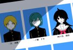  1girl 2boys arms_at_sides black_hair black_shirt blonde_hair blue_hair blurry_edges character_name closed_mouth commentary_request dead_end_chocolate_(vocaloid) dutch_angle expressionless gakuran gauze_on_cheek hair_over_one_eye highres ichinose_chifuyu id_photo light_blush looking_at_viewer multiple_boys neckerchief ninomiya_yuuki no_pupils open_mouth parted_bangs red_eyes red_neckerchief sailor_collar school_uniform serafuku shadow shirt short_hair smile swept_bangs white_eyes white_sailor_collar yearbook yotsuya_moe yuto_(ayakiyuto) 