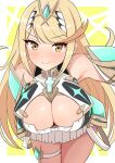  1girl absurdres bare_shoulders blonde_hair breasts cleavage dress headpiece highres large_breasts leaning_forward light_blush long_hair looking_at_viewer mythra_(xenoblade) short_dress smile solo thigh_strap white_dress xenoblade_chronicles_(series) xenoblade_chronicles_2 yoshikirino 