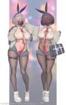 2girls absurdres ahoge bag bag_charm between_breasts black_choker black_hair black_mask blue_nails blurry blurry_background bob_cut breasts cardigan cellphone charm_(object) choker cleavage cropped_shirt crotchless crotchless_pantyhose dark-skinned_female dark_skin grey_hair grey_skirt gyaru hair_between_eyes high_tops highres hip_tattoo holding holding_bag holding_phone kogal large_breasts legs long_hair looking_at_viewer mask microskirt mole mole_on_breast mouth_mask multiple_girls nail_polish navel navel_piercing necktie necktie_between_breasts original pantyhose phone piercing pillarboxed pink_eyes pink_nails pleated_skirt purple_eyes red_necktie shirt shoes short_hair skirt sleeves_past_wrists smartphone sneakers stomach suerte text_tattoo thigh_gap thigh_strap thighs tied_shirt underboob v white_cardigan white_footwear white_shirt 