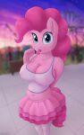  2022 absurd_res anthro blue_eyes blurred_background candy clothed clothing dessert digital_media_(artwork) equid equine eyelashes female fingers food friendship_is_magic hasbro hi_res irisarco lollipop looking_at_viewer mammal my_little_pony outside pinkie_pie_(mlp) 
